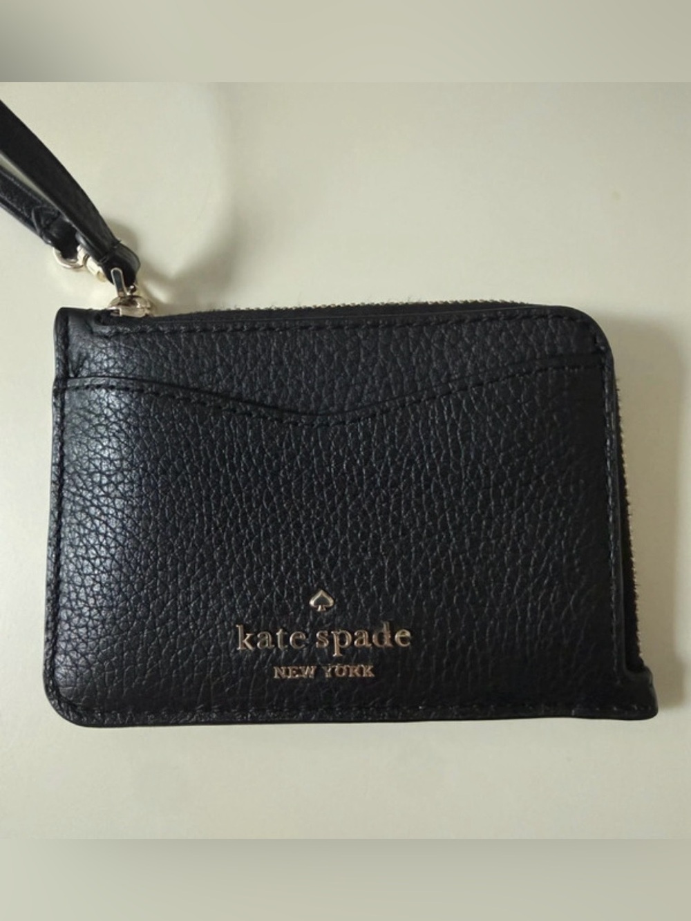 Kate Spade Black Pebbled Leather Zip Card Holder with Wrist Strap